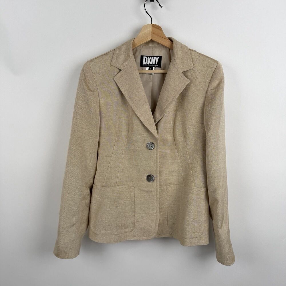 VTG 80s DKNY Donna Karan Blazer 8 Beige Linen Rayon Tailored Quiet Luxury Italy